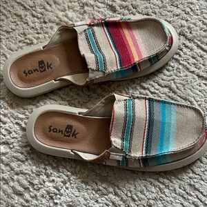 Sanuk Canvas Slip-On Mules with Teal and Red Stripe